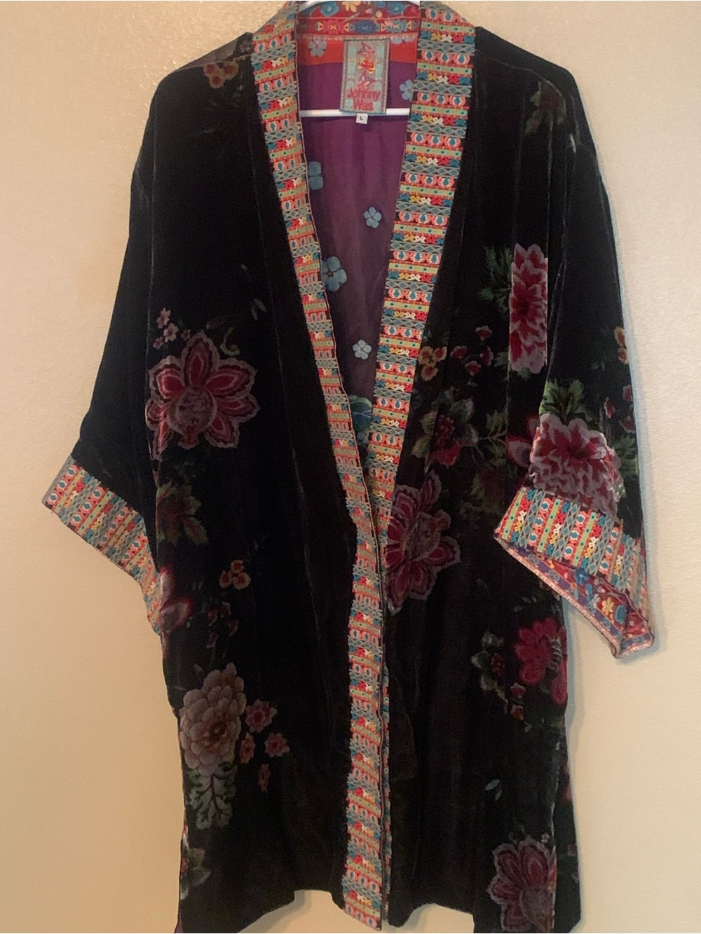 Johnny Was Vashti Velvet Embroidered Reversible Kimono Size L Silk Blend
